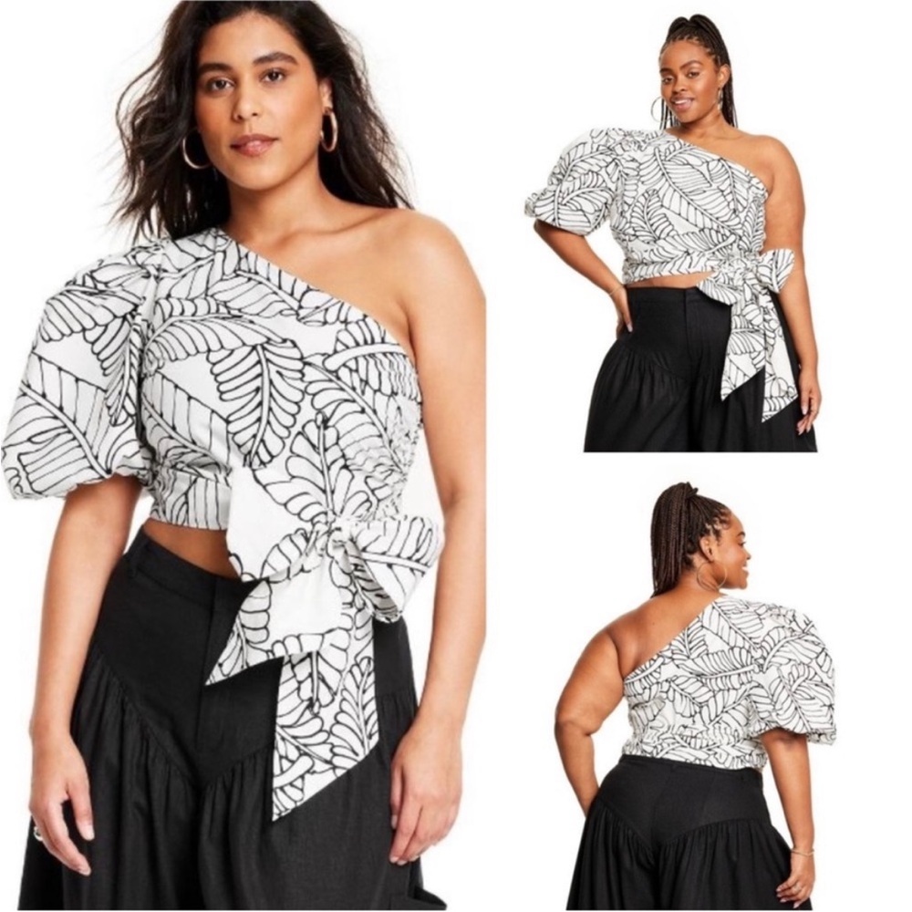 NWOT Fe Noel one shoulder puff sleeve wrap tie shirt